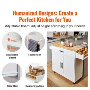 kitchen island cart with solid wood top, 35.4" width mobile carts with storage cabinet, rolling kitchen table with spice rack, towel rack, drop leaf and drawer, portable islands on wheels, white