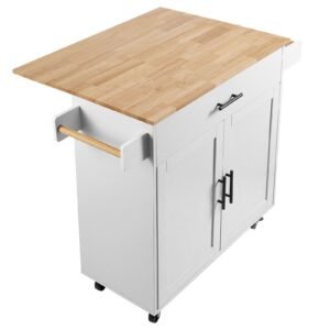 Kitchen Island Cart with Solid Wood Top, 35.4" Width Mobile Carts with Storage Cabinet, Rolling Kitchen Table with Spice Rack, Towel Rack, Drop Leaf and Drawer, Portable Islands on Wheels, White