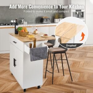 kitchen island cart with solid wood top, 35.4" width mobile carts with storage cabinet, rolling kitchen table with spice rack, towel rack, drop leaf and drawer, portable islands on wheels, white