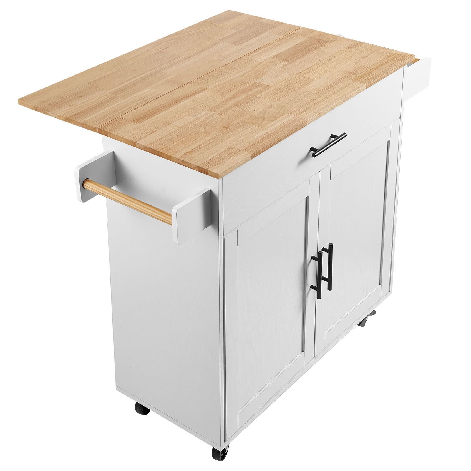 kitchen island cart with solid wood top, 35.4" width mobile carts with storage cabinet, rolling kitchen table with spice rack, towel rack, drop leaf and drawer, portable islands on wheels, white