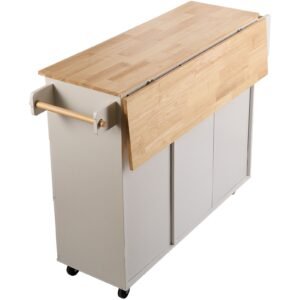 kitchen island cart with solid wood top, 45.3" width mobile carts with storage cabinet, rolling kitchen table with spice rack, towel rack, drop leaf and drawer, portable islands on wheels, white