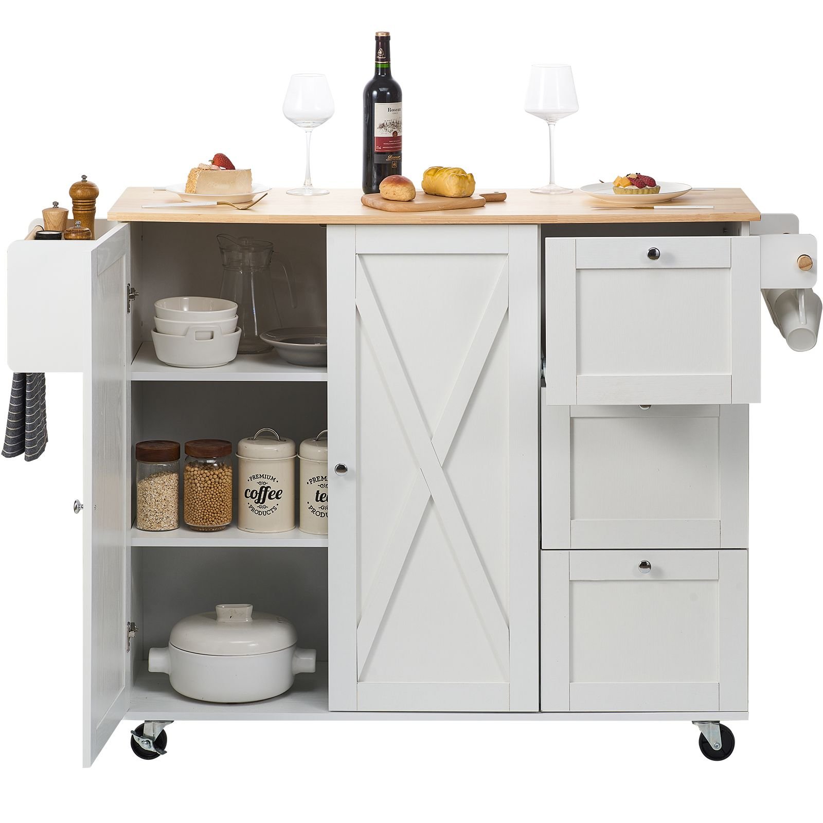 kitchen island cart with solid wood top, 45.3" width mobile carts with storage cabinet, rolling kitchen table with spice rack, towel rack, drop leaf and drawer, portable islands on wheels, white