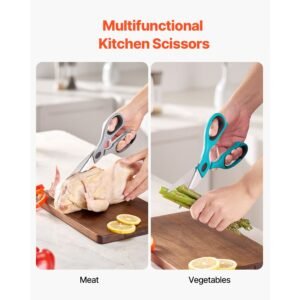 kitchen scissors, 2 pack durable stainless steel kitchen shears with sheaths, heavy duty cooking shears with soft grip comfort handle, kitchen utensil for cutting meat, fish, poultry, cyan+grey