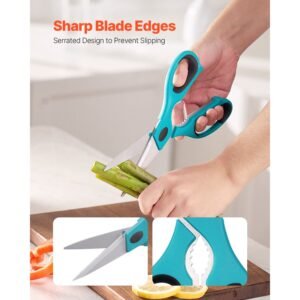 kitchen scissors, 2 pack durable stainless steel kitchen shears with sheaths, heavy duty cooking shears with soft grip comfort handle, kitchen utensil for cutting meat, fish, poultry, cyan+grey