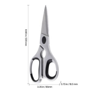 kitchen scissors, durable stainless steel kitchen shears with protective sheath, heavy duty cooking shears soft grip comfort handle, kitchen utensil for cutting meat, food, fish, poultry, grey