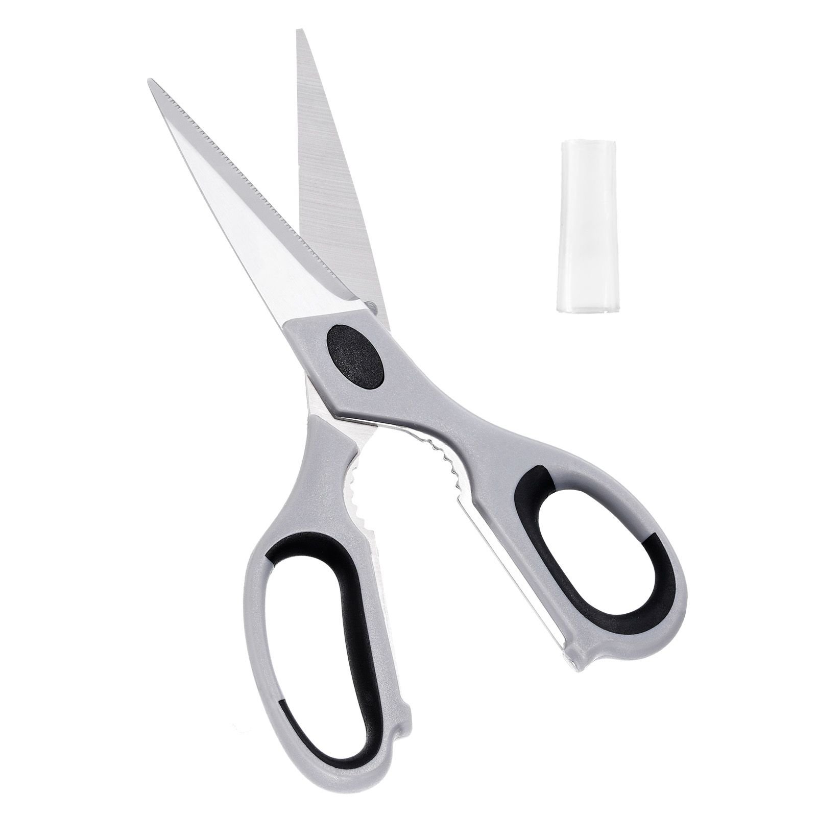 kitchen scissors, durable stainless steel kitchen shears with protective sheath, heavy duty cooking shears soft grip comfort handle, kitchen utensil for cutting meat, food, fish, poultry, grey