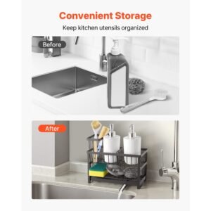 kitchen sink caddy organizer, 2 tier sponge holder for kitchen sink with high brush holder & divider, storage rack with rotatable drainage spout, countertop organizers and storage essentials