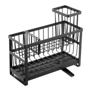 kitchen sink caddy organizer, 2 tier sponge holder for kitchen sink with high brush holder & divider, storage rack with rotatable drainage spout, countertop organizers and storage essentials
