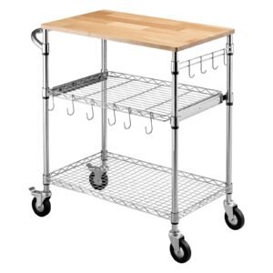 Kitchen Utility Cart, 3 Tier Heavy Duty Adjustable Wire Storage Rack with Wood Tabletop and Handle Bar, Rolling Portable Service Trolley on Wheels, 661 lbs Steel Work Table, 30x18x36 in