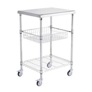 kitchen utility cart, 3 tiers, wire rolling cart with 470lbs capacity, steel service cart on wheels, metal storage trolley with 76mm basket curved handle pp liner 6 hooks, for indoor and outdoor