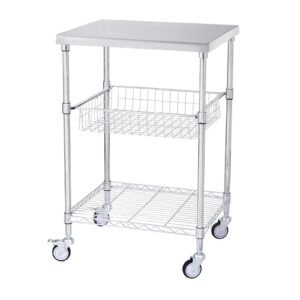 Kitchen Utility Cart, 3 Tiers, Wire Rolling Cart with 470LBS Capacity, Steel Service Cart on Wheels, Metal Storage Trolley with 76mm Basket Curved Handle PP Liner 6 Hooks, for Indoor and Outdoor