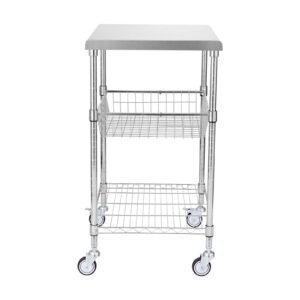 kitchen utility cart, 3 tiers, wire rolling cart with 470lbs capacity, steel service cart on wheels, metal storage trolley with 76mm basket curved handle pp liner 6 hooks, for indoor and outdoor
