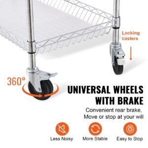 kitchen utility cart, 3 tiers, wire rolling cart with 661lbs capacity, steel service cart on wheels, metal storage trolley with 80mm basket curved handle pp liner 6 hooks, for indoor and outdoor