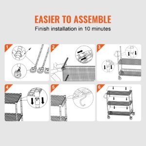 kitchen utility cart, 3 tiers, wire rolling cart with 661lbs capacity, steel service cart on wheels, metal storage trolley with 80mm basket curved handle pp liner 6 hooks, for indoor and outdoor