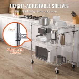 kitchen utility cart, 3 tiers, wire rolling cart with 661lbs capacity, steel service cart on wheels, metal storage trolley with 80mm deep basket curved handle 6 hooks, for indoor and outdoor use