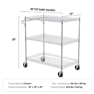 kitchen utility cart, 3 tiers, wire rolling cart with 661lbs capacity, steel service cart on wheels, metal storage trolley with 80mm deep basket curved handle 6 hooks, for indoor and outdoor use