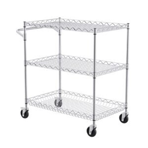 kitchen utility cart, 3 tiers, wire rolling cart with 661lbs capacity, steel service cart on wheels, metal storage trolley with 80mm deep basket curved handle 6 hooks, for indoor and outdoor use