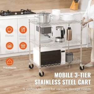 Kitchen Utility Cart, 3 Tiers, Wire Rolling Cart with 661LBS Capacity, Steel Service Cart on Wheels, Metal Storage Trolley with 80mm Deep Basket Curved Handle 6 Hooks, for Indoor and Outdoor Use