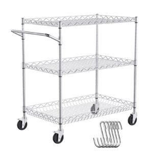 kitchen utility cart, 3 tiers, wire rolling cart with 661lbs capacity, steel service cart on wheels, metal storage trolley with 80mm deep basket curved handle 6 hooks, for indoor and outdoor use