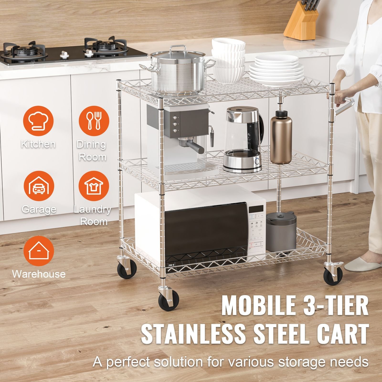 kitchen utility cart, 3 tiers, wire rolling cart with 661lbs capacity, steel service cart on wheels, metal storage trolley with 80mm deep basket curved handle 6 hooks, for indoor and outdoor use