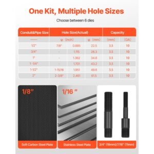 knockout punch set, 10 ton hydraulic knockout set, 1/2" to 2" ko tool kit hole making tool, ko tools kit w/6 dies for metal electrical cabinets, electrical control cabinets, switch cabinets