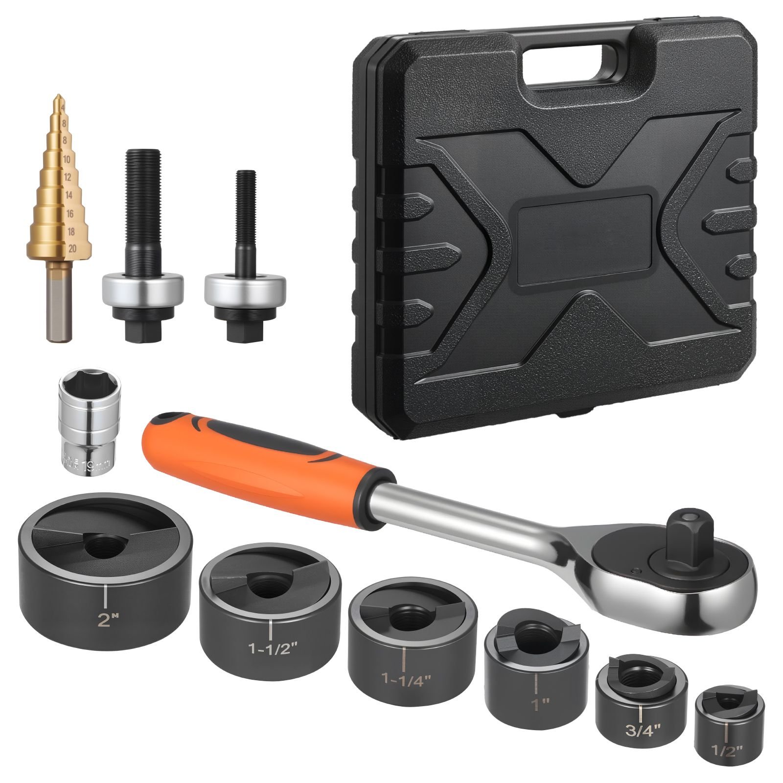 knockout punch set, 1/2 to 2 inch slug buster ratchet knockout set, ratchet wrench knockouts punch sets for aluminum, mild steel, fiberglass, plastics, 6 die sizes, 40cr steel ko tool kit