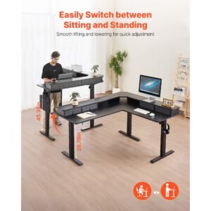 l shaped desk, electric adjustable height corner gaming desk with cpu stands, dual hooks and fabric drawers, l shaped computer table with power strip for home office, easy to assemble, black