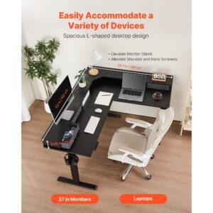 l shaped desk, electric adjustable height corner gaming desk with cpu stands, dual hooks and fabric drawers, l shaped computer table with power strip for home office, easy to assemble, black