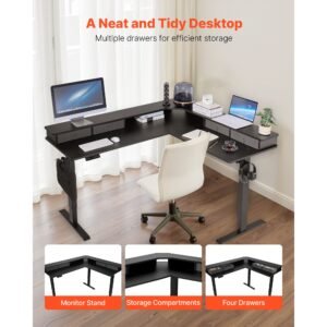 l shaped desk, electric adjustable height corner gaming desk with cpu stands, dual hooks and fabric drawers, l shaped computer table with power strip for home office, easy to assemble, black