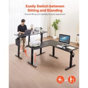 l shaped desk, electric adjustable height corner gaming desk with dual hooks and wheels, heavy duty carbon steel l shaped computer table with power strip for home office, easy to assemble, black