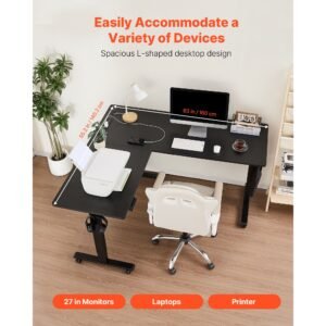 l shaped desk, electric adjustable height corner gaming desk with dual hooks and wheels, heavy duty carbon steel l shaped computer table with power strip for home office, easy to assemble, black