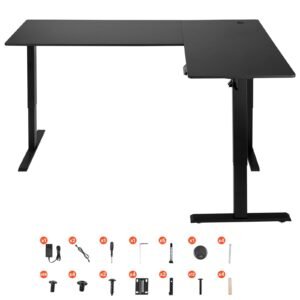 L Shaped Desk, Electric Adjustable Height Corner Gaming Desk with Dual Hooks, Heavy Duty Carbon Steel L-Shaped Computer Table with Power Outlets for Home and Office, Easy to Assemble, Black