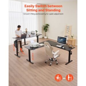 l shaped desk, electric adjustable height corner gaming desk with dual hooks, heavy duty carbon steel l shaped computer table with power outlets for home, office, study, easy to assemble, black