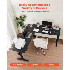 l shaped desk, electric adjustable height corner gaming desk with dual hooks, heavy duty carbon steel l shaped computer table with power outlets for home, office, study, easy to assemble, black