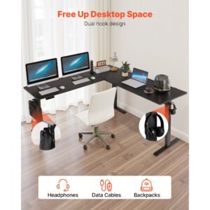 l shaped desk, electric adjustable height corner gaming desk with dual hooks, heavy duty carbon steel l shaped computer table with power outlets for home, office, study, easy to assemble, black