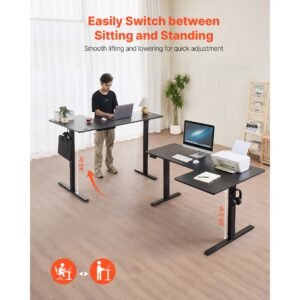 l shaped desk, electric adjustable height corner gaming desk with dual hooks, heavy duty carbon steel l shaped computer table with power strip for home, office, dorm, easy to assemble, black