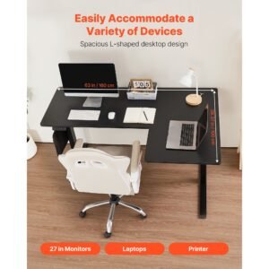 l shaped desk, electric adjustable height corner gaming desk with dual hooks, heavy duty carbon steel l shaped computer table with power strip for home, office, dorm, easy to assemble, black