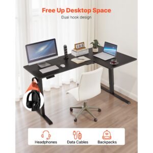 l shaped desk, electric adjustable height corner gaming desk with dual hooks, heavy duty carbon steel l shaped computer table with power strip for home, office, dorm, easy to assemble, black