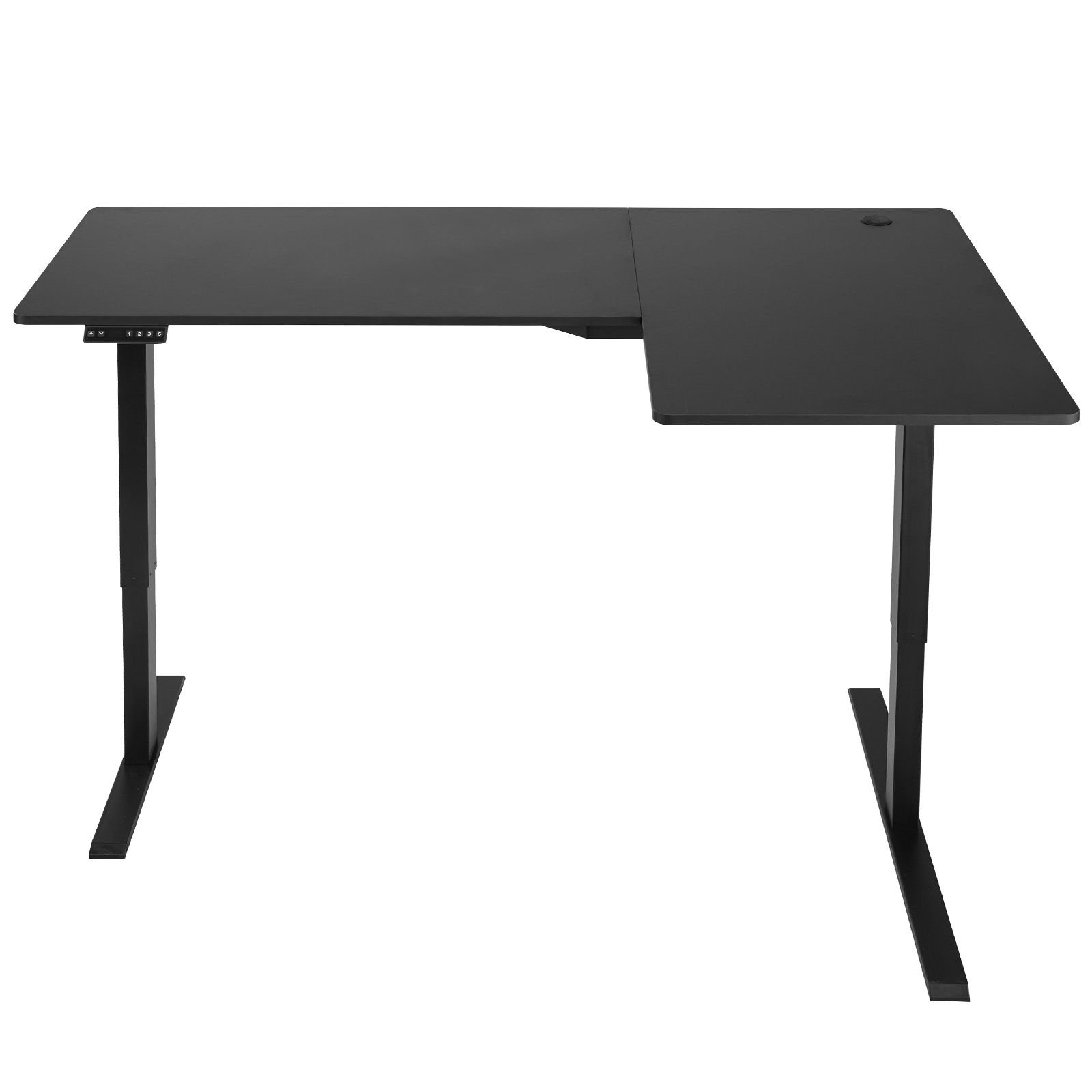 l shaped desk, electric adjustable height corner gaming desk with dual hooks, heavy duty carbon steel l shaped computer table with power strip for home, office, dorm, easy to assemble, black