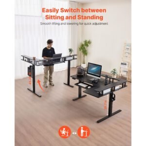l shaped desk, electric adjustable height corner gaming desk with keyboard tray and dual hooks, heavy duty l shaped computer table with light strip for home office, easy to assemble, black