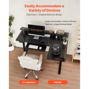 l shaped desk, electric adjustable height corner gaming desk with keyboard tray and dual hooks, heavy duty l shaped computer table with light strip for home office, easy to assemble, black