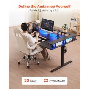 l shaped desk, electric adjustable height corner gaming desk with keyboard tray and dual hooks, heavy duty l shaped computer table with light strip for home office, easy to assemble, black