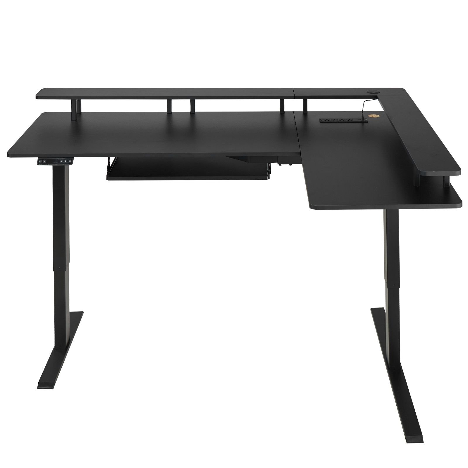 l shaped desk, electric adjustable height corner gaming desk with keyboard tray and dual hooks, heavy duty l shaped computer table with light strip for home office, easy to assemble, black