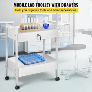 lab cart, 2 tiers stainless steel utility cart, medical cart with 2 drawers, rolling lab cart white paint, serving cart with swivel casters for laboratory, hospital, dental, salon and beauty