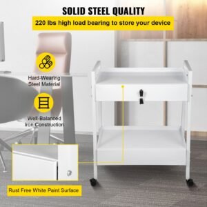 lab cart, 2 tiers stainless steel utility cart, medical cart with 2 drawers, rolling lab cart white paint, serving cart with swivel casters for laboratory, hospital, dental, salon and beauty