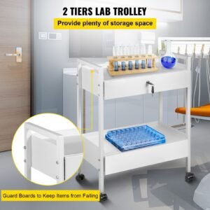 lab cart, 2 tiers stainless steel utility cart, medical cart with 2 drawers, rolling lab cart white paint, serving cart with swivel casters for laboratory, hospital, dental, salon and beauty