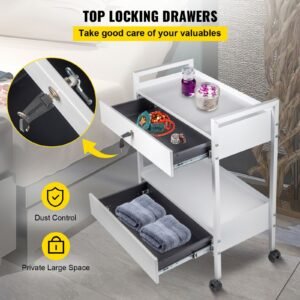 lab cart, 2 tiers stainless steel utility cart, medical cart with 2 drawers, rolling lab cart white paint, serving cart with swivel casters for laboratory, hospital, dental, salon and beauty