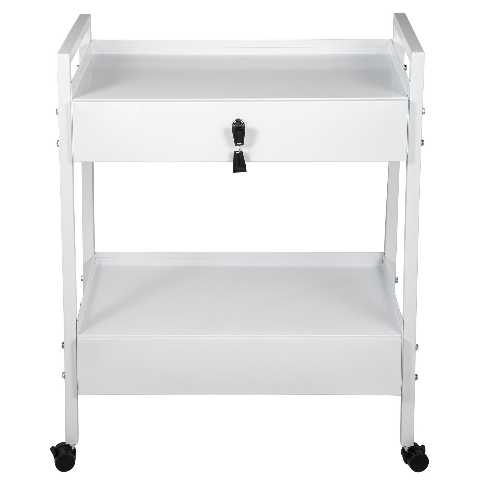 lab cart, 2 tiers stainless steel utility cart, medical cart with 2 drawers, rolling lab cart white paint, serving cart with swivel casters for laboratory, hospital, dental, salon and beauty