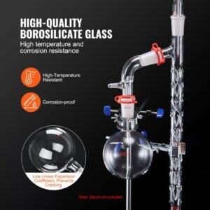lab distillation kit, 3.3 boro lab glassware distillation kit with 24, 40 joint, 1000ml essential oil distillation apparatus kit, 14 pcs set of glassware equipment
