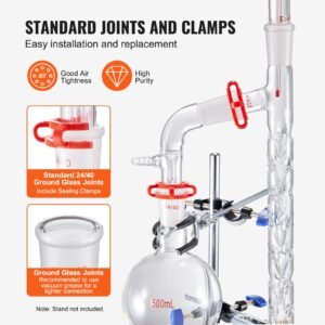 lab distillation kit, 3.3 boro lab glassware distillation kit with 24, 40 joint, 1000ml essential oil distillation apparatus kit, 14 pcs set of glassware equipment